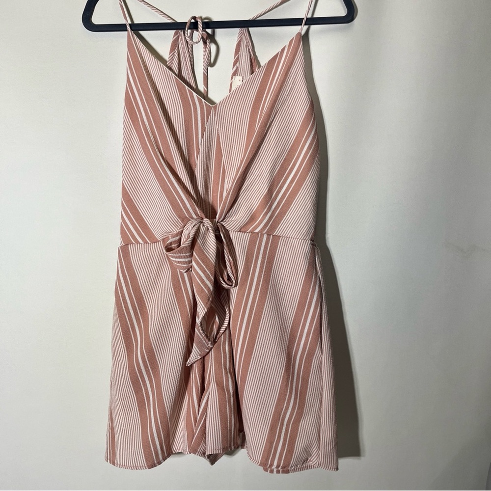Hummingbird Striped Tie-Front Romper Dress in Preachy Tan and White